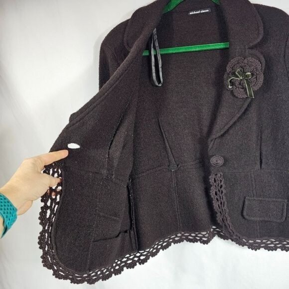 Michael Simon Wool Blazer M Brown Velvet Flower Crochet Trim Cottagecore Artsy - Picture 7 of 9